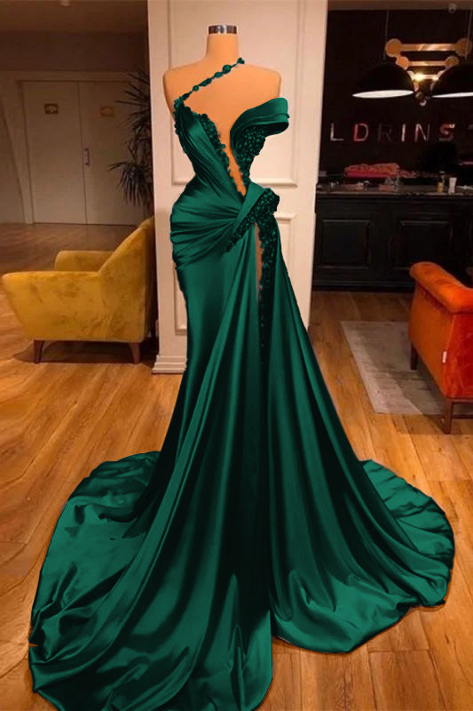  Off-the-Shoulder Mermaid Prom Dress Long Beadings with High Split