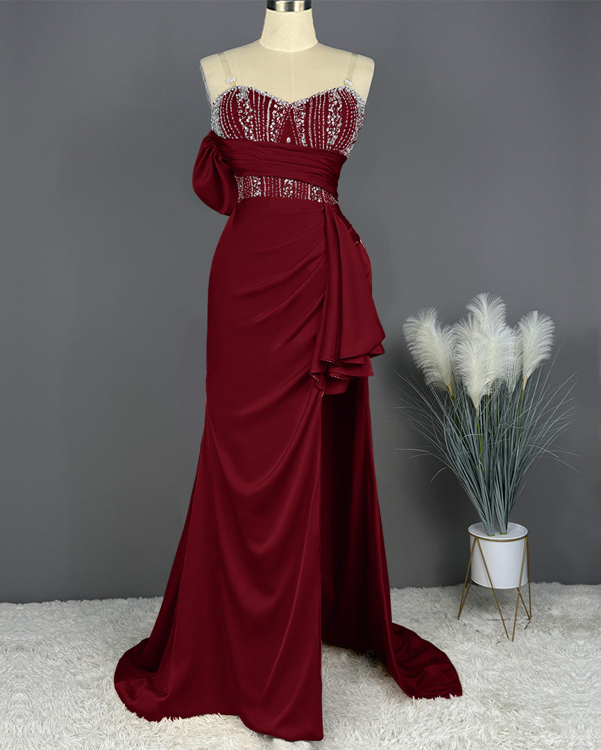 Elegant Spaghetti Straps Split Mermaid Prom Dress Long Pleated Sleeveless Evening Gown with Beading Sequins