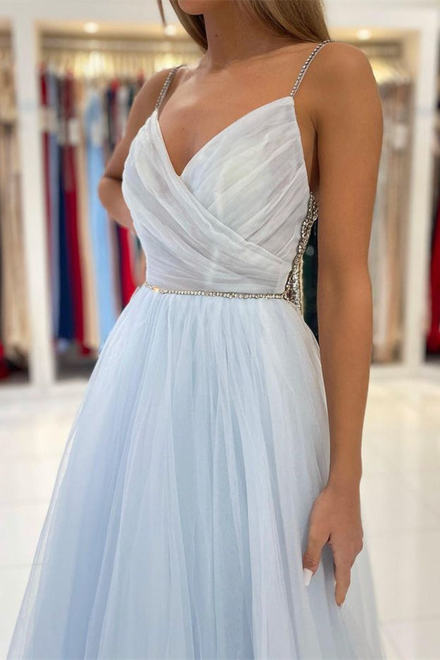Amazing Spaghetti-Straps Sky Blue Prom Dress Tulle Open Back With Beads