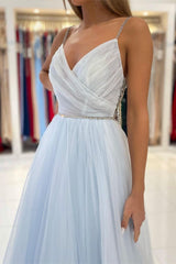 Amazing Spaghetti-Straps Sky Blue Prom Dress Tulle Open Back With Beads