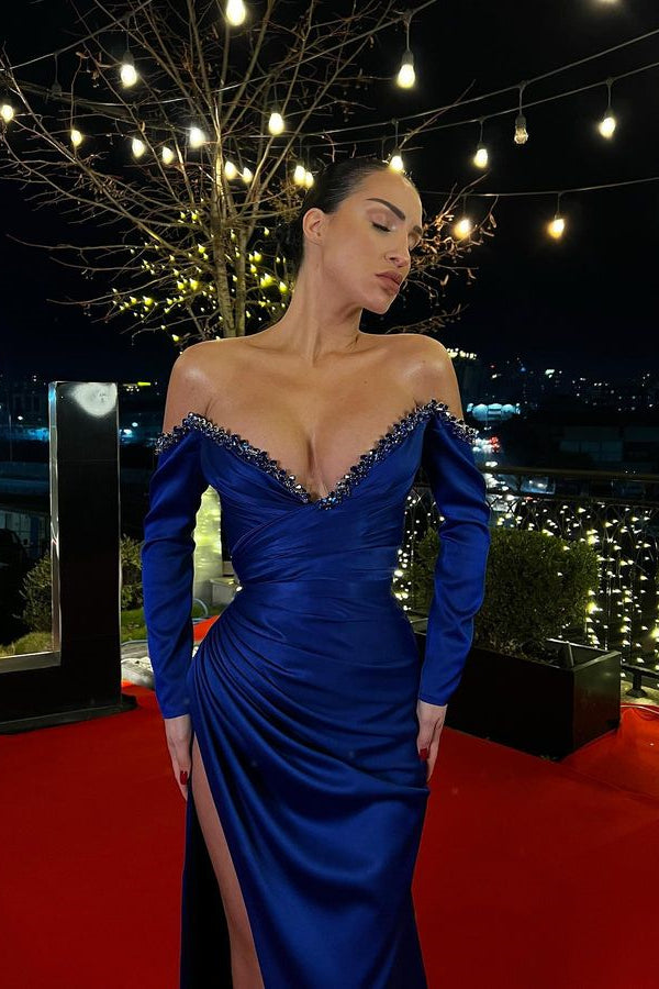 Chic Royal Blue Long Sleeves Prom Dress Mermaid Off-the-Shoulder Slit With Beads