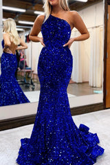 Royal Blue One-Shoulder Mermaid Prom Dress with Sequins