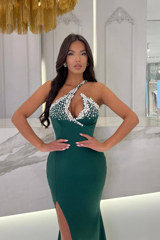 Fabulous Dark Green Sleeveless Halter Mermaid Prom Gown With Split Beadings