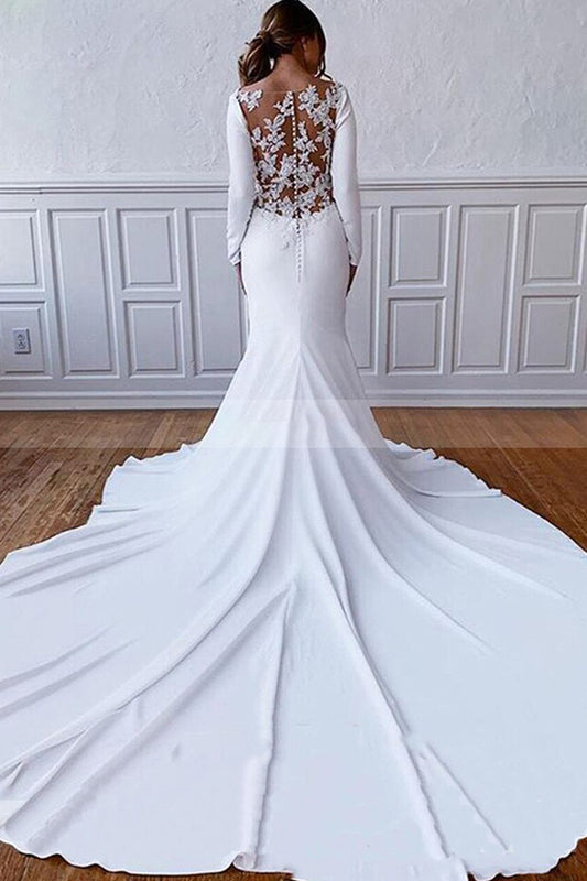 Elegant Sheath Wedding Dress with Long Lace Sleeves and Illusion Back Appliques