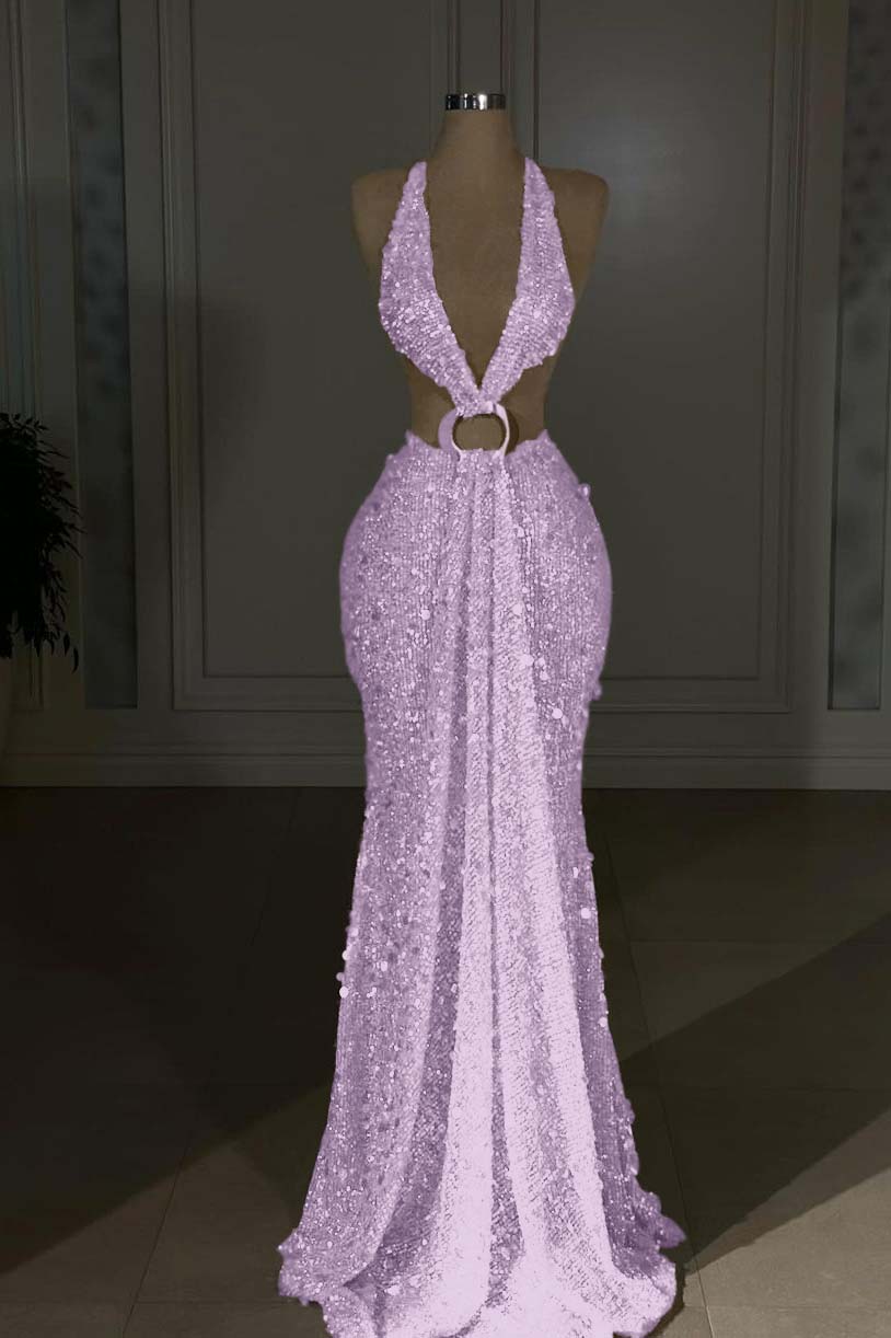 Glamorous Gold Halter Backless Sequin Evening Dress
