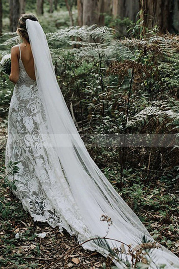Elegant Backless A-line Wedding Dress with Lace and Spaghetti Straps