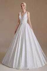Elegant V-neck A-line Satin Wedding Gown with Lace Appliques