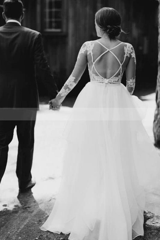 Elegant Floor-Length Sheer Lace Wedding Dress With Long Sleeves and Tulle A-Line