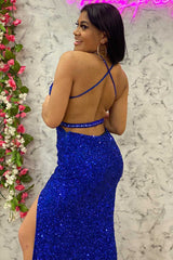 Gorgeous Royal Blue Halter Mermaid Prom Dress Backless Sequins With Split