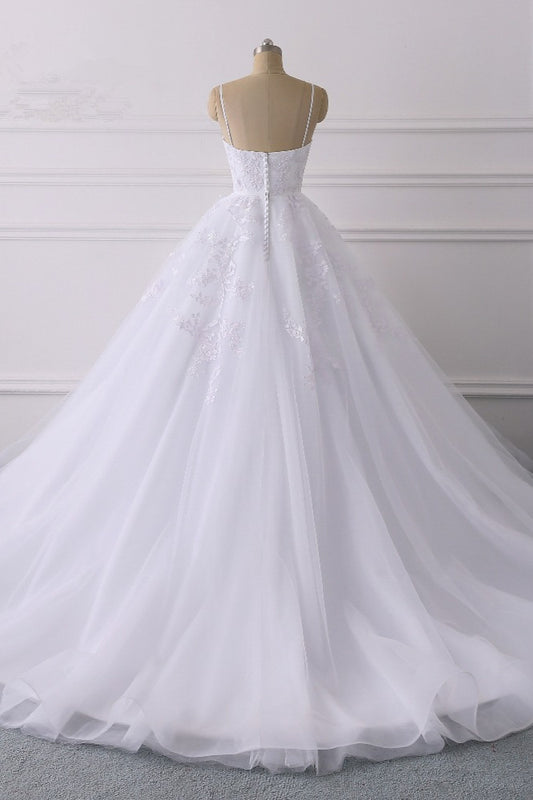V-Neck Tulle Wedding Dress with Elegant Spaghetti-Straps and Lace Appliques
