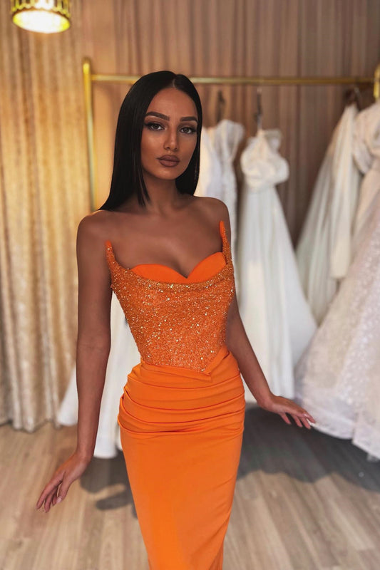 Gorgeous Orange Strapless Sleeveless Mermaid Prom Dress With Sequins