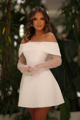 Elegant White Satin Off-the-Shoulder A-Line Short Bridal Gown with Long Sleeves