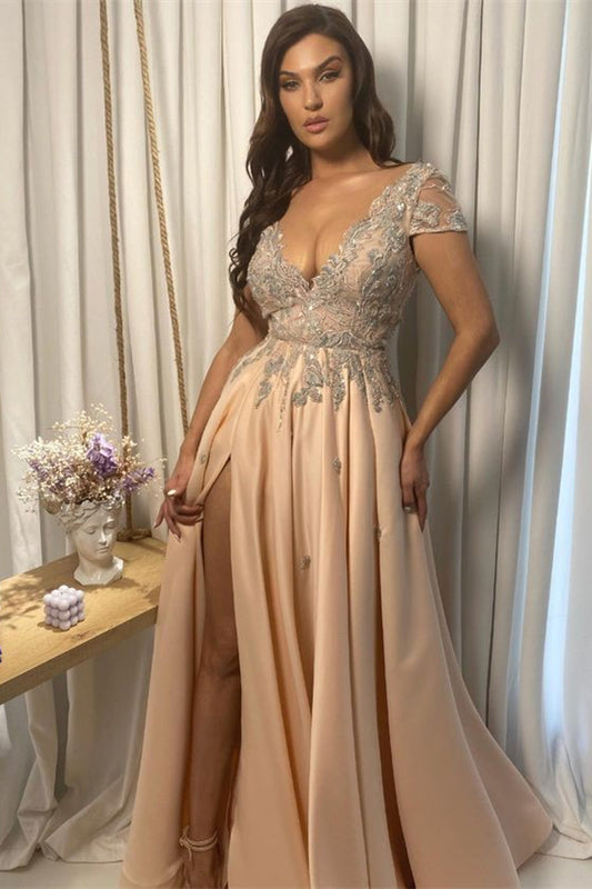 Champagne Prom Dress Lace V Neck Applique with Split