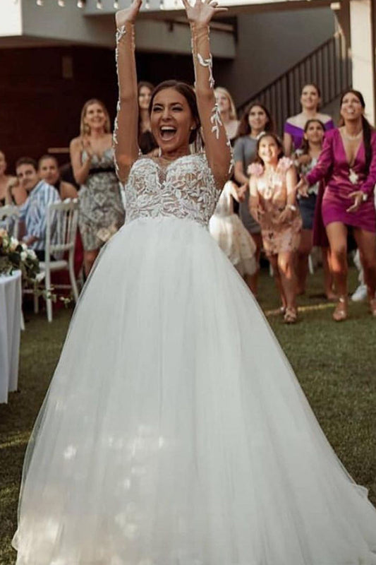 Sheer A-line Wedding Gown with Modern Long Sleeves and Tulle Lace