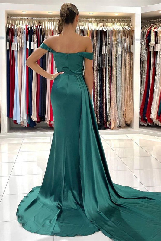 Stunning Off-the-Shoulder Dark Green Mermaid Prom Dress With Split