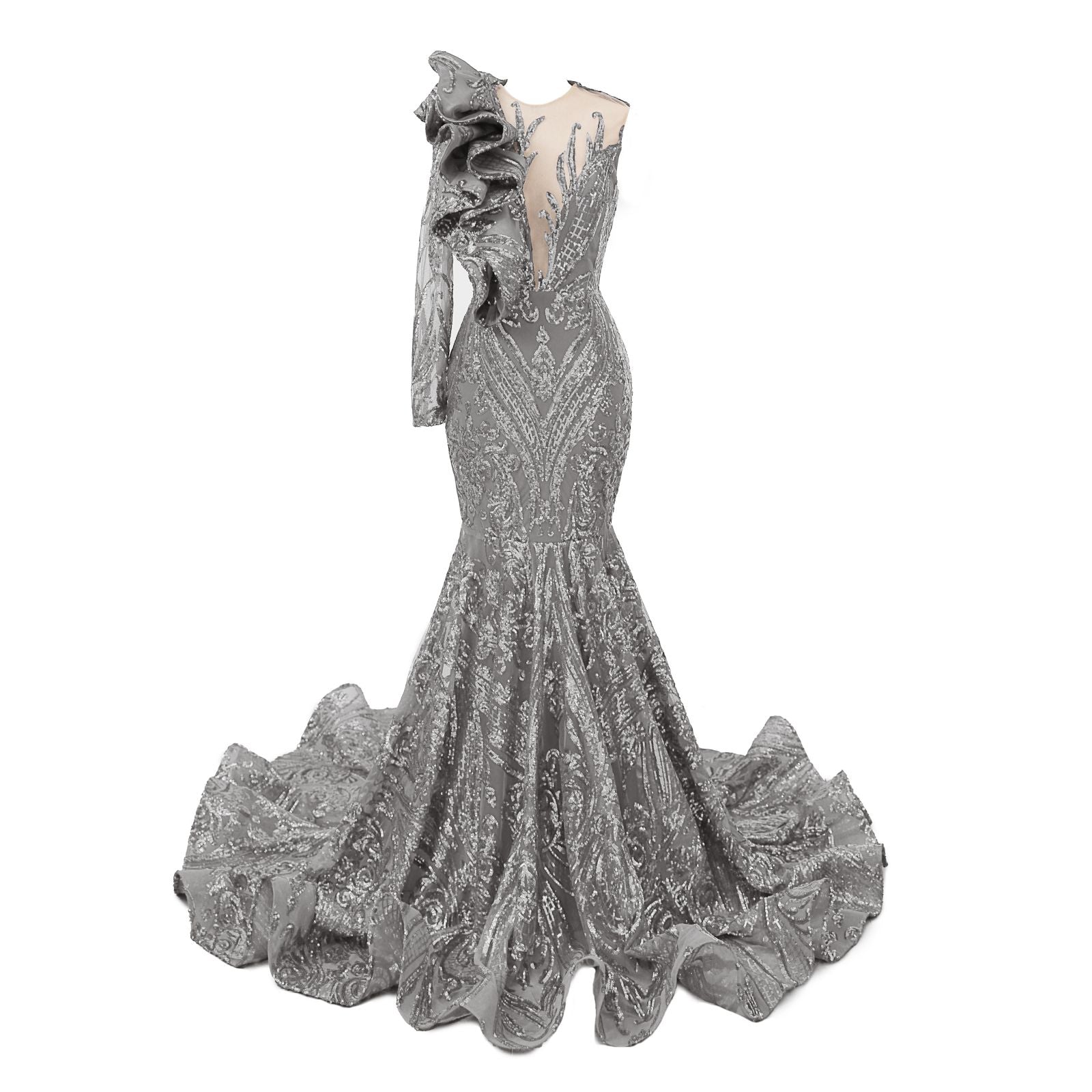 Classic One Shoulder Long Sleeves Prom Dress Mermaid Sequins With Ruffles