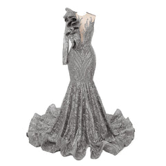 Classic One Shoulder Long Sleeves Prom Dress Mermaid Sequins With Ruffles