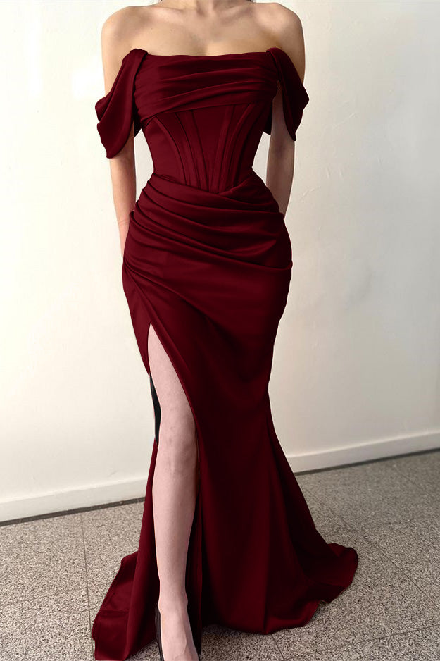 Dusty Rose Off-the-Shoulder Pleated Prom Dress Mermaid Split