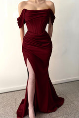 Dusty Rose Off-the-Shoulder Pleated Prom Dress Mermaid Split