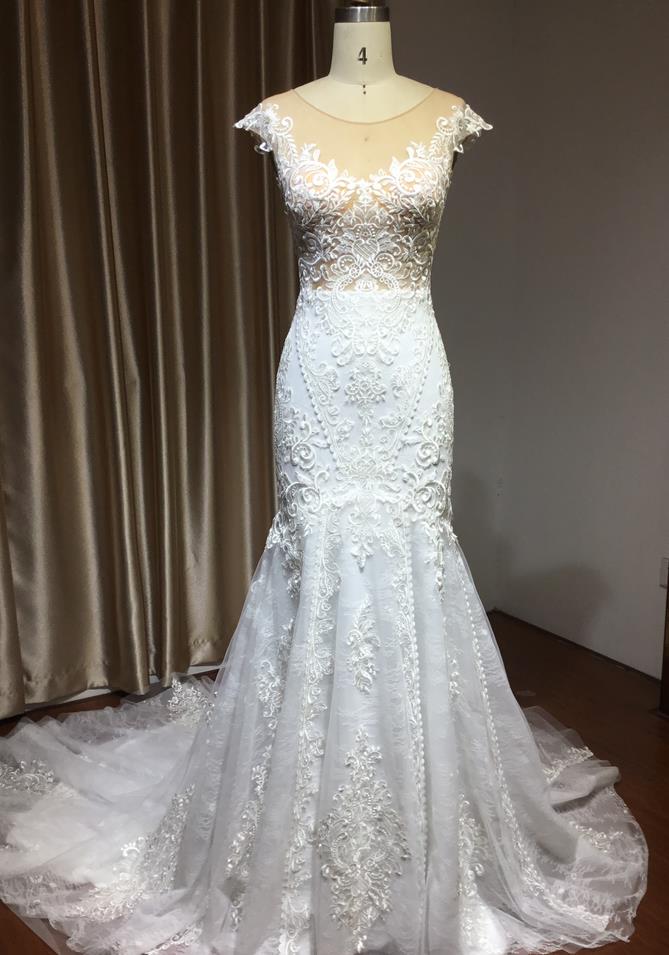 Elegant Sheer Mermaid Bridal Gown with Cap Sleeves and Tulle Appliques