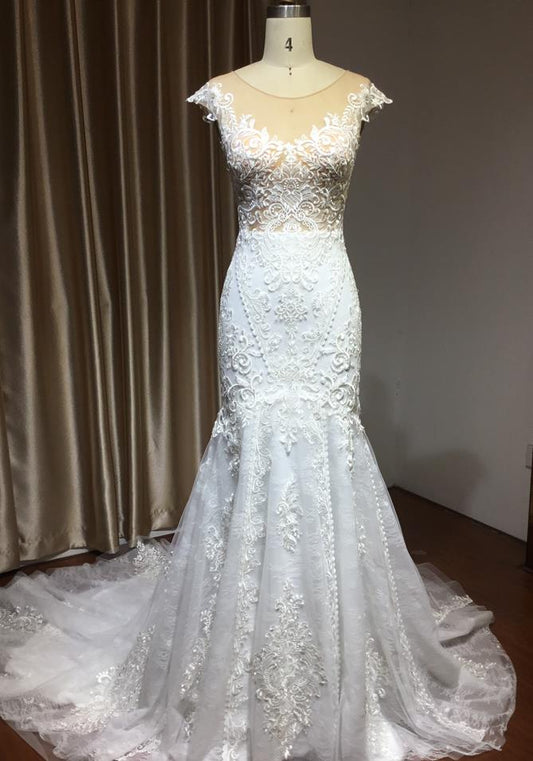 Elegant Sheer Mermaid Bridal Gown with Cap Sleeves and Tulle Appliques