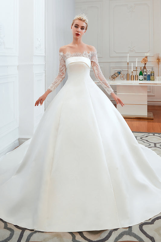 Elegant A-Line Satin Wedding Dress with Off-the-Shoulder Lace Long Sleeves
