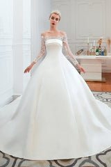 Elegant A-Line Satin Wedding Dress with Off-the-Shoulder Lace Long Sleeves