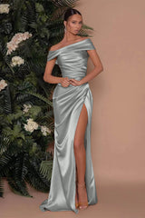 Champagne Off the Shoulder Charmeuse Prom Dress Split Mermaid