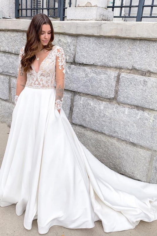 Elegant Deep V-neck A-Line Satin Gown with Appliques Lace and Open Back
