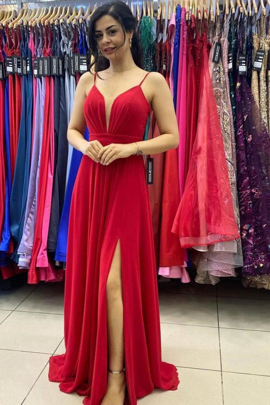 Modern Spaghetti-Straps Red Prom Dress Long With Slit