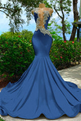 Royal Blue Sleeveless Mermaid Prom Dress with Sexy Cut Out and Appliques
