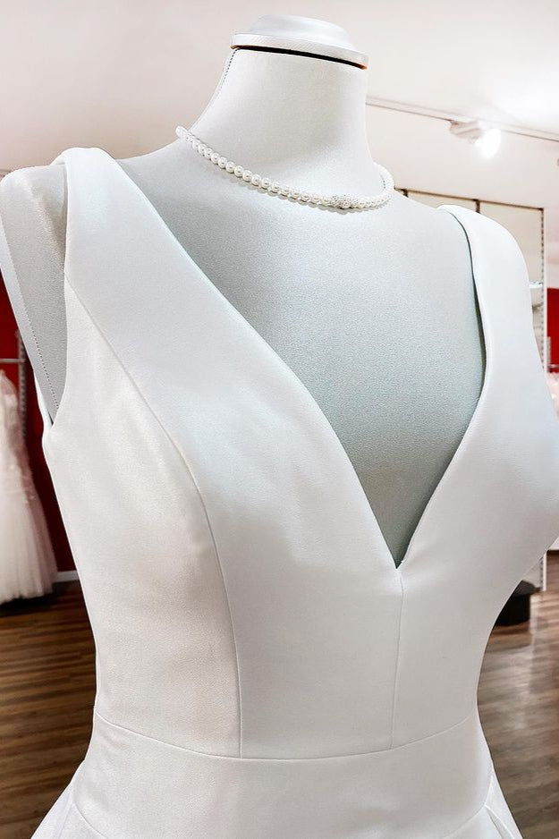 Elegant V-Neck A-Line Long Satin Wedding Dress Featuring Ruffles and Open Back