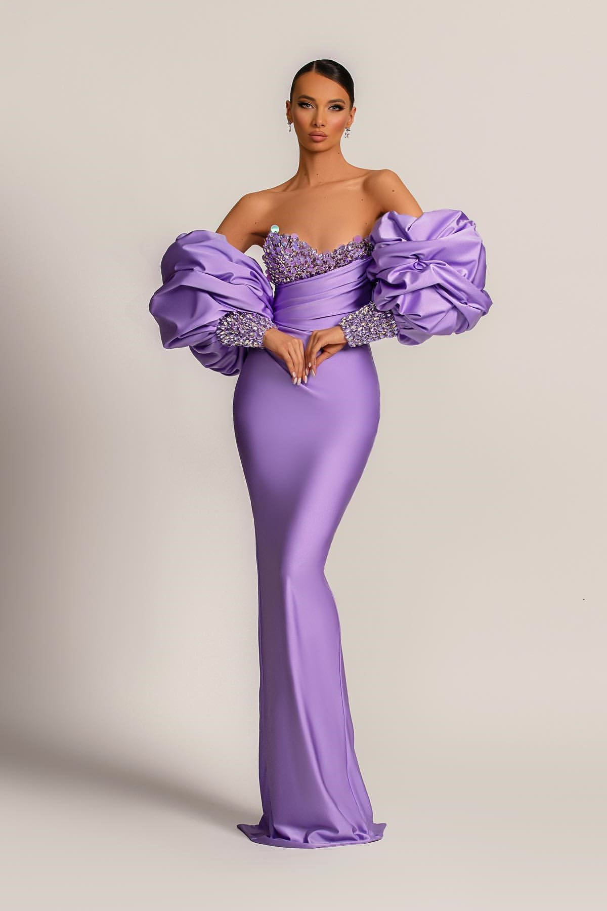 Glamorous Lilac Bubble Long Sleeves Prom Dresses Mermaid Sweetheart With Sequins