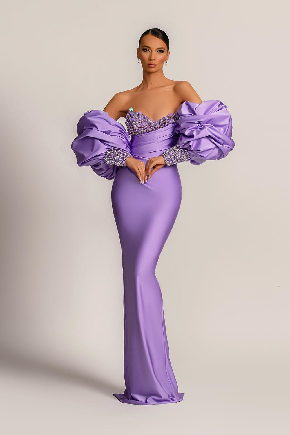 Glamorous Lilac Bubble Long Sleeves Prom Dresses Mermaid Sweetheart With Sequins