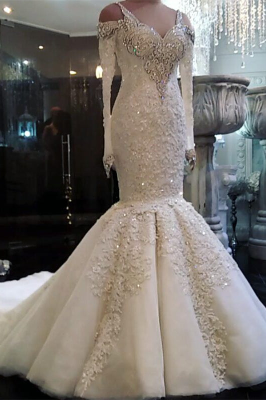 Mermaid Wedding Dress with V-Neck Long Sleeves and Lace Appliques Beadings Ballbellas