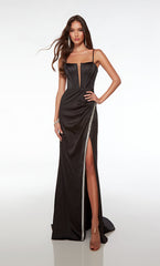 Black Prom Dress Long Plunging Neckline Straight Spaghetti Strap With High Slit