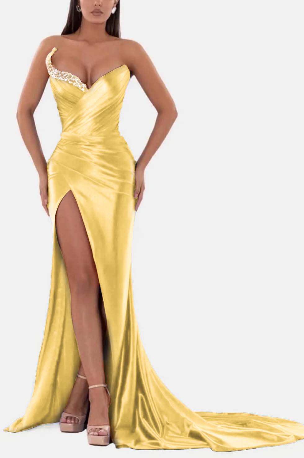 Royal Blue Prom Dress V Neck With High Slit Pleated Strapless Sleeveless