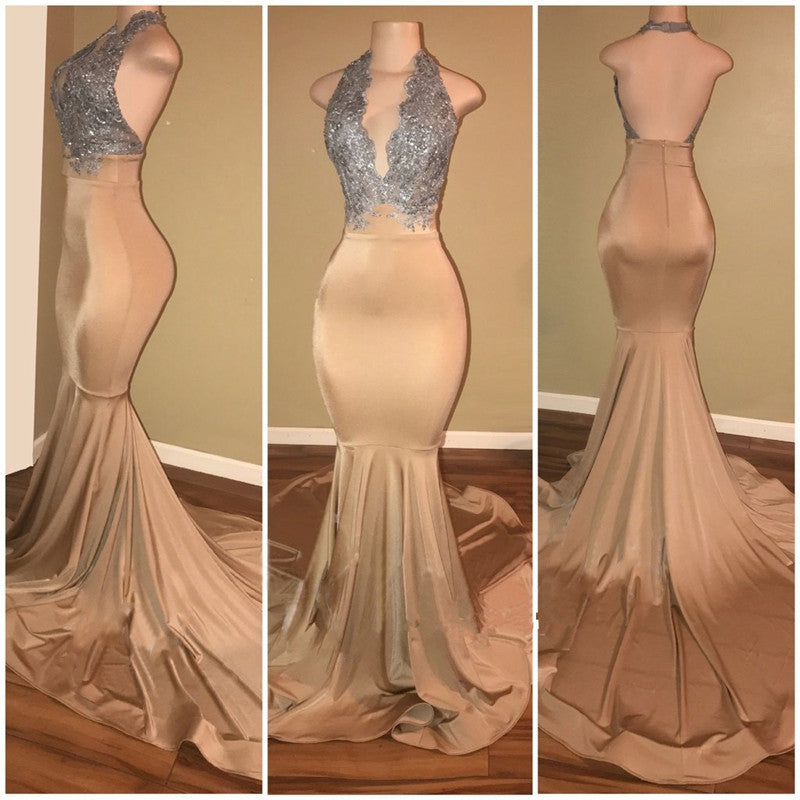 Classic Halter Backless Mermaid Prom Dress Long With Sequins Appliques