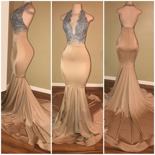 Classic Halter Backless Mermaid Prom Dress Long With Sequins Appliques