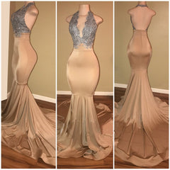 Classic Halter Backless Mermaid Prom Dress Long With Sequins Appliques
