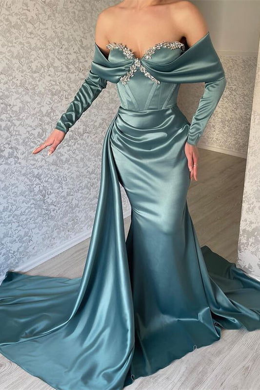 Gorgeous Long Sleeves Off-the-Shoulder Prom Dress Mermaid Ruffles With Beads