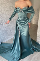 Gorgeous Long Sleeves Off-the-Shoulder Prom Dress Mermaid Ruffles With Beads
