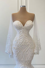 Elegant Sweetheart Mermaid Wedding Dress in Lace with Pearl Beadings, Strapless