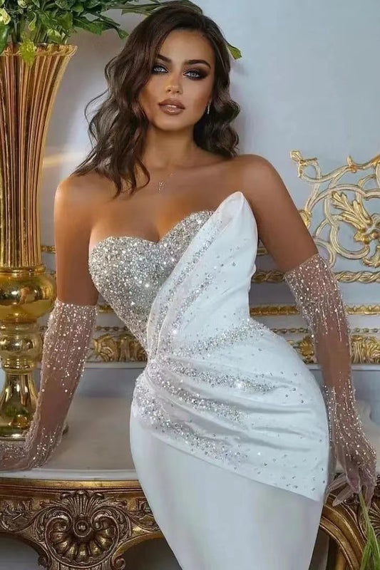 Long-Sleeved Beaded Mermaid Wedding Gown in White with Detachable Skirt