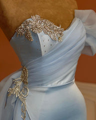 Modern Sky Blue Sweetheart Mermaid Prom Dress Beadings With Split Tulle Ruffles