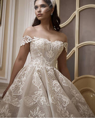 Off-the-Shoulder A-Line Floor-Length Church Wedding Dress with Elegant Appliques Lace