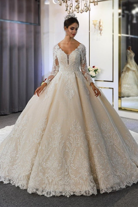 Sweetheart Backless Modest A-Line Wedding Gown with Long Sleeves and Lace Appliques Sequins