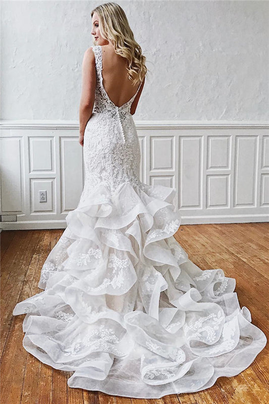 Mermaid Wedding Dresses With Vintage Lace Straps and Ruffled Sleeveless Design