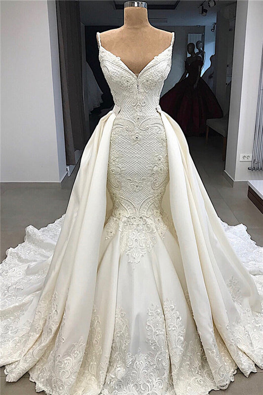 Wedding Dress with Detachable Skirt, Spaghetti Straps, and Mermaid Applique Ruffles