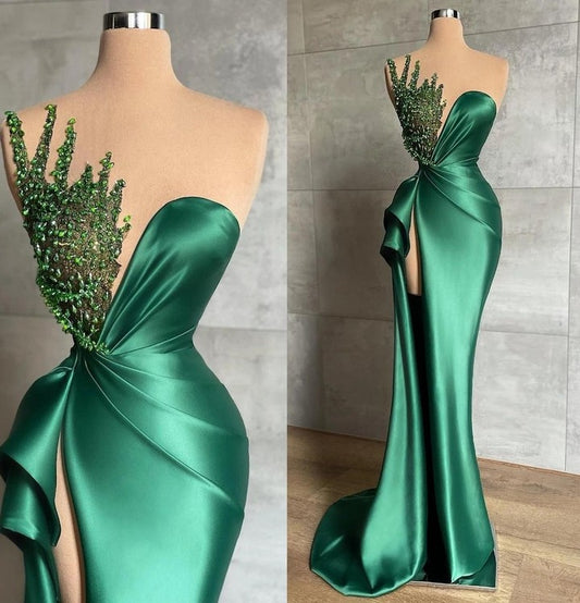 Glorious Emerald Green Sleeveless Prom Dress Mermaid Slit With Beads